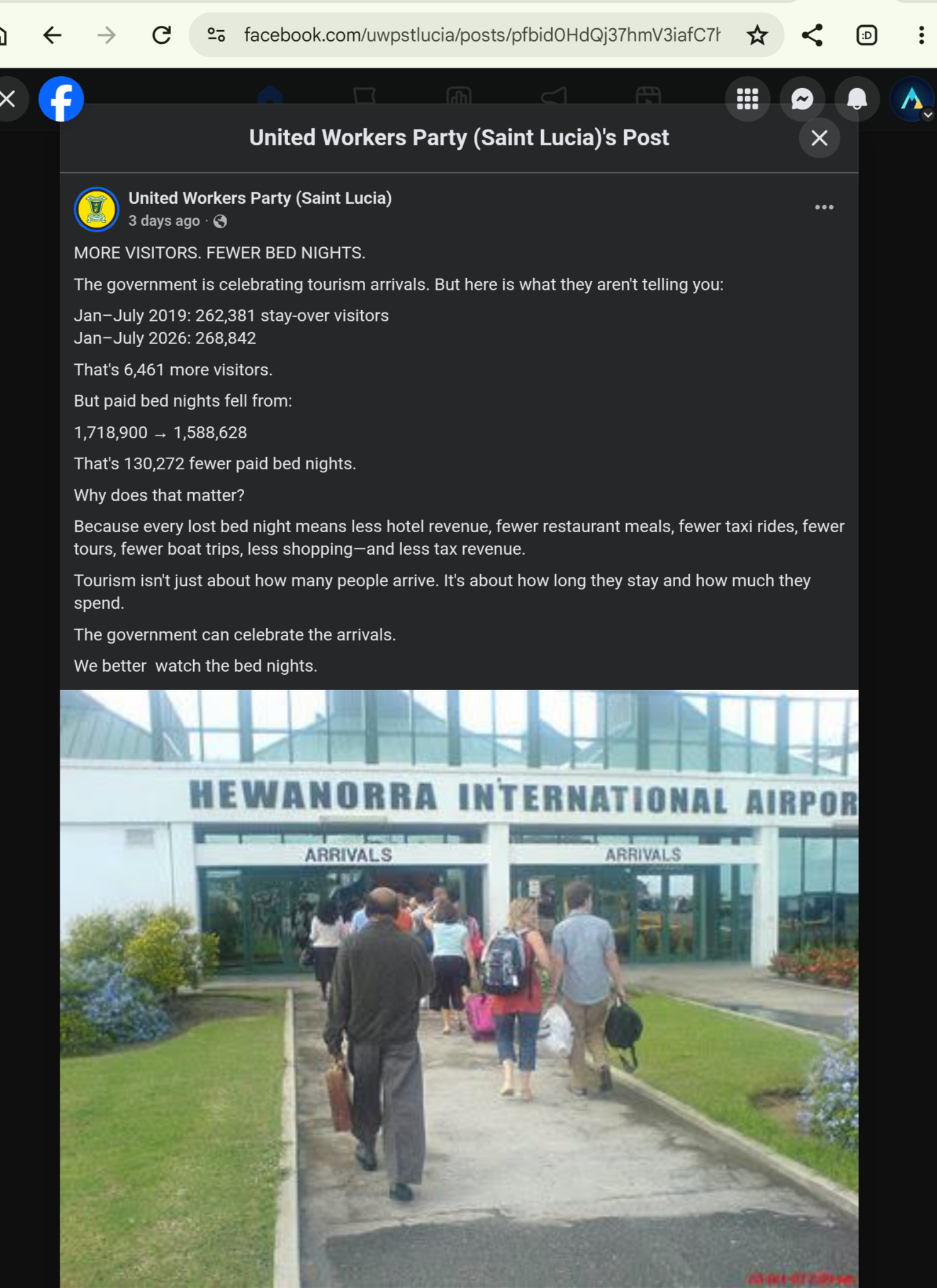 Supplied UWP Facebook screenshot showing the tourism claims assessed in this article