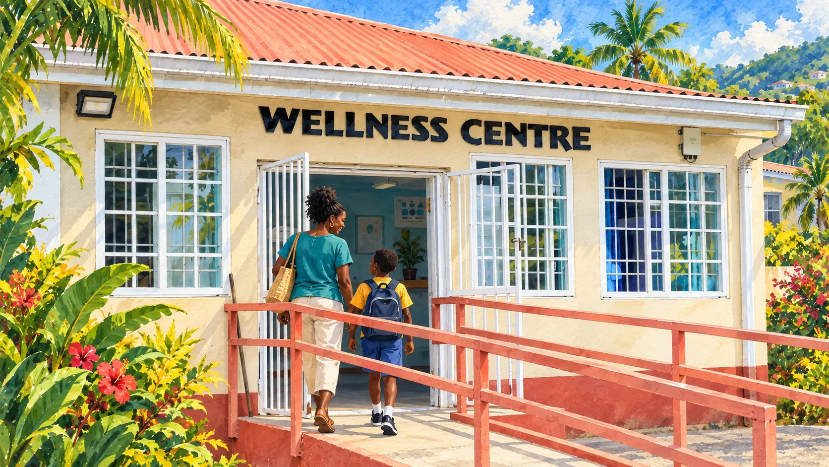 Illustrated community wellness centre with a ramp and a family at the entrance