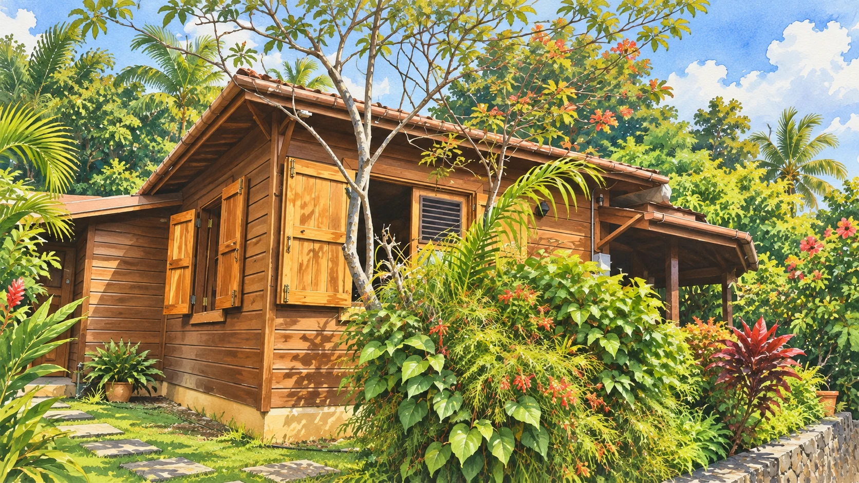 Illustrated shuttered timber cottage surrounded by a lush tropical garden