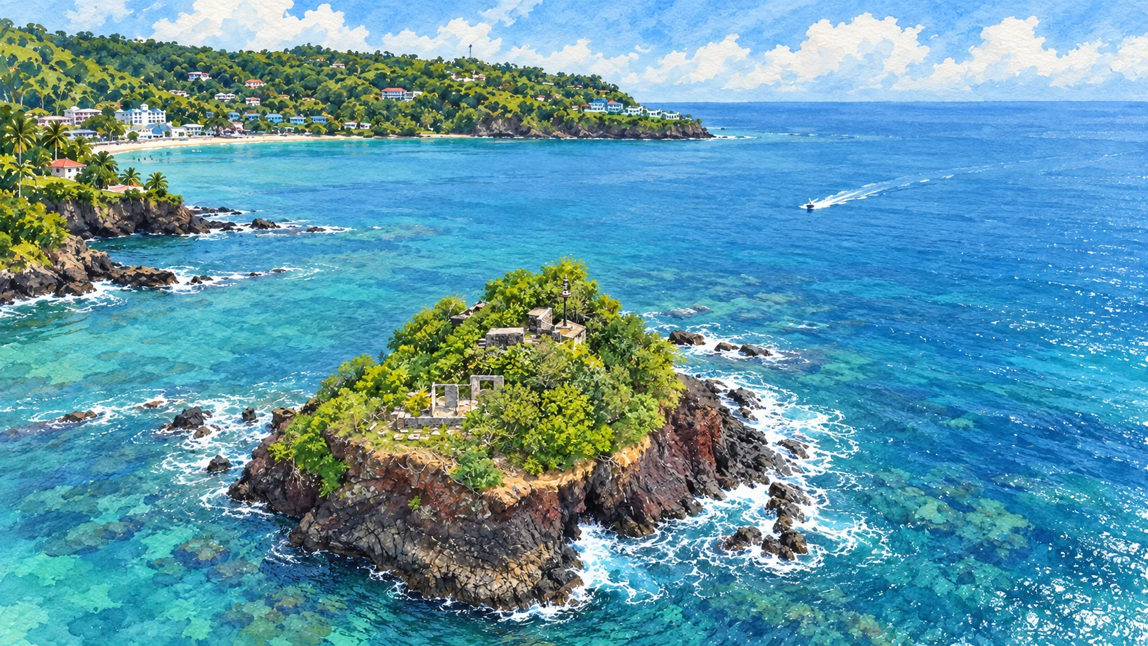 Illustrated rocky islet with stone ruins in a blue coastal bay
