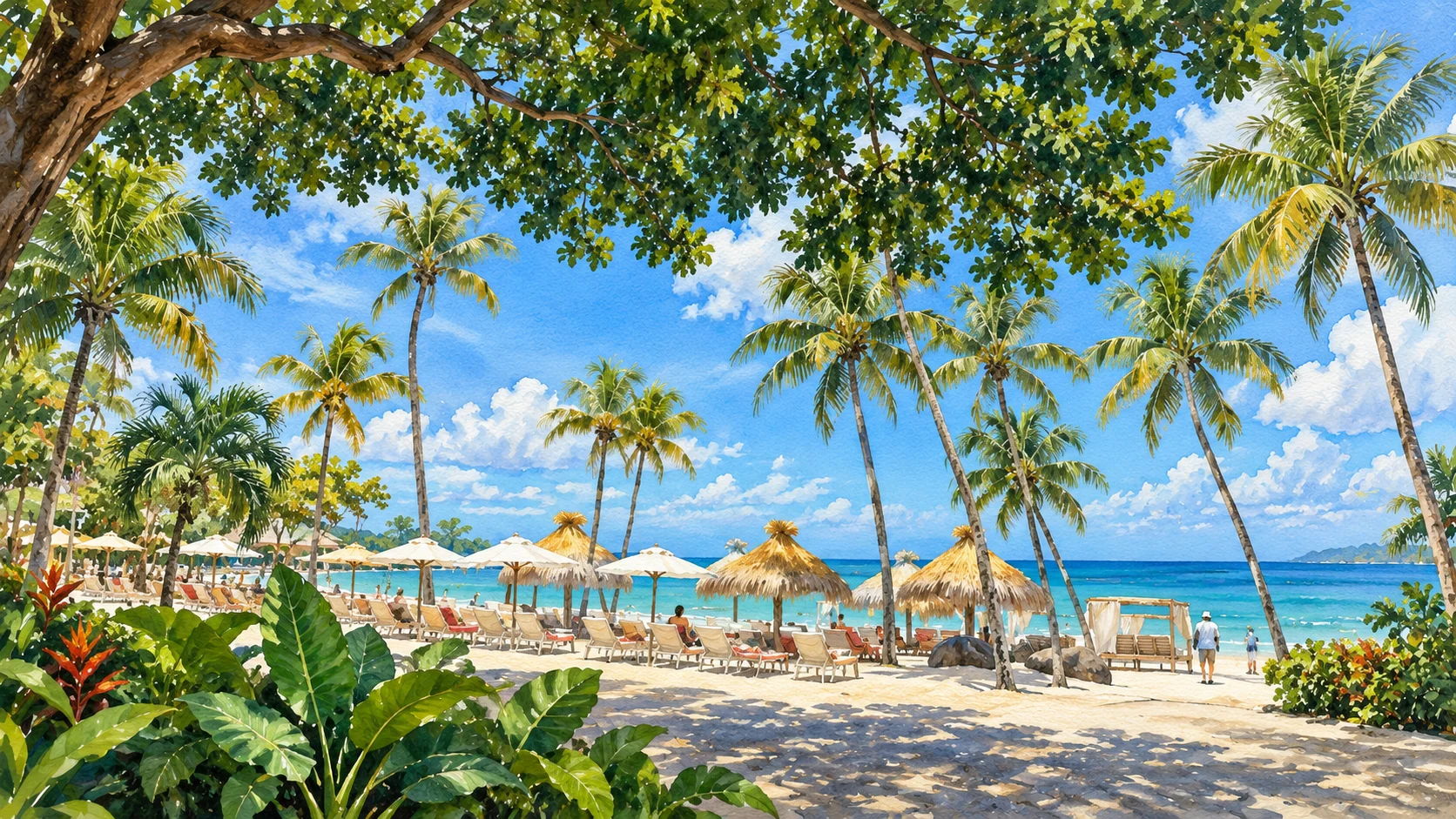 Illustrated beach terrace beneath a broad leafy canopy and tall palms