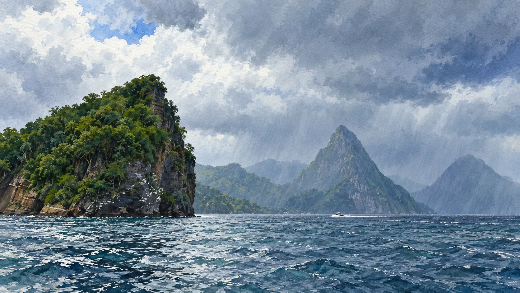 Watercolour view of a rocky coast and distant Pitons beneath rain clouds