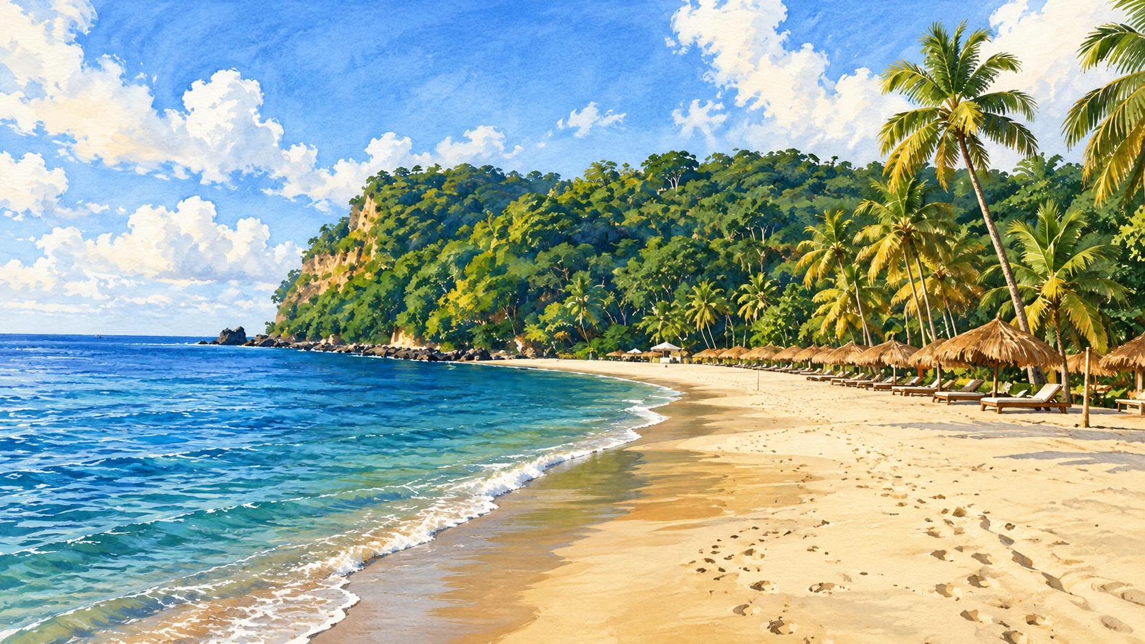 Illustrated curving beach with palms and a wooded headland