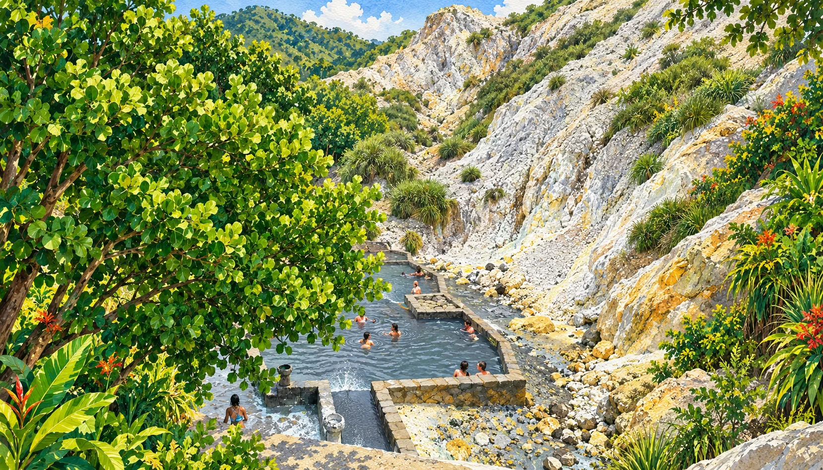 Illustrated thermal pools beneath mineral slopes and green trees